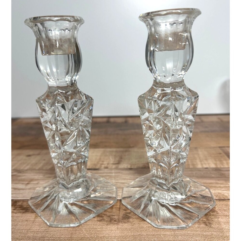 Vintage Crystal Starburst Pattern Candlestick Holders Set Of 2